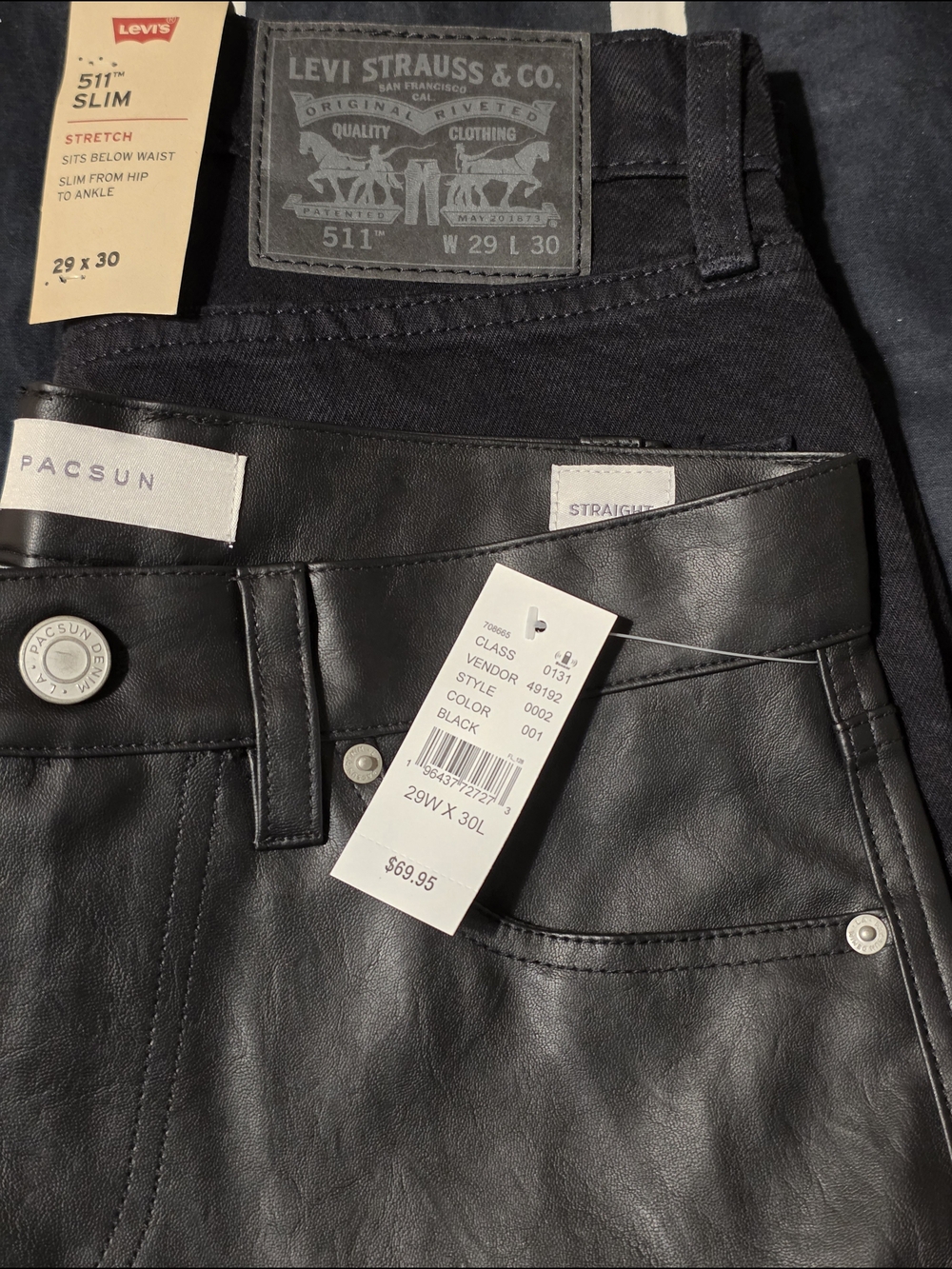 Levi's 511 Slim Men’s Black Jeans And Pacsun Faux Leather Pants